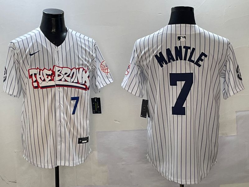 Men New York Yankees #7 Mantle White Stripe four generations Joint Name 2025 Nike MLB Jersey style 4